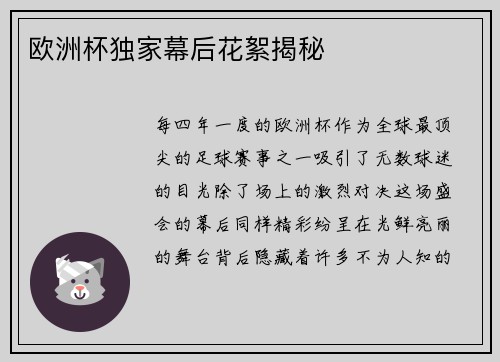 欧洲杯独家幕后花絮揭秘